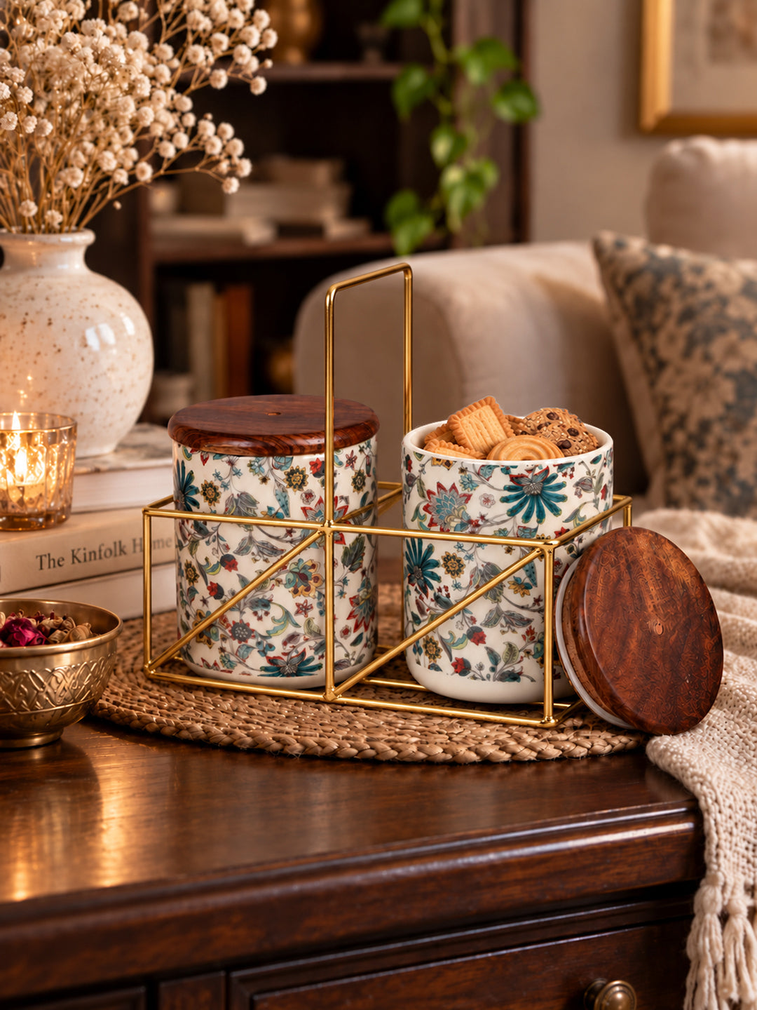 Small Jars with Wooden lid- Set of 2 with Metal Stand