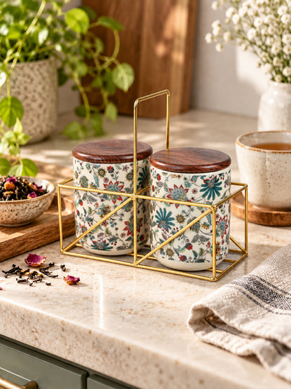 Small Jars with Wooden lid- Set of 2 with Metal Stand