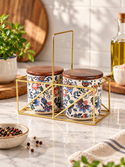 Small Jars with Wooden lid- Set of 2 with Metal Stand