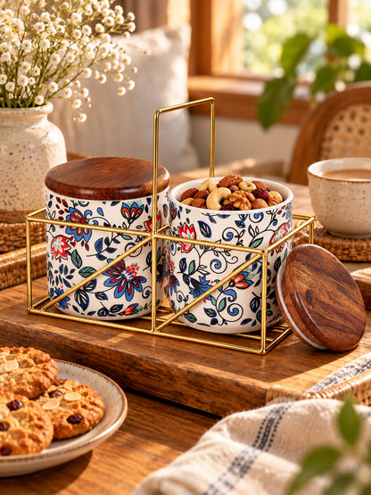Small Jars with Wooden lid- Set of 2 with Metal Stand