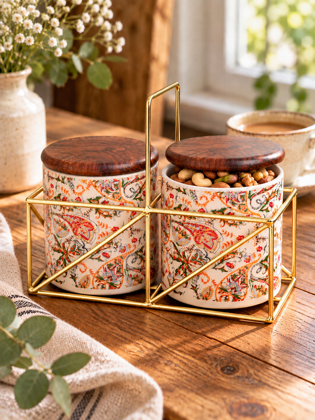 Small Jars with Wooden lid- Set of 2 with Metal Stand