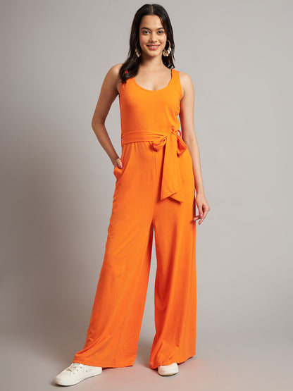 BRINNS Women Cotton Solid Round Neck Sleeveless Jumpsuit With Waist Tie-Ups