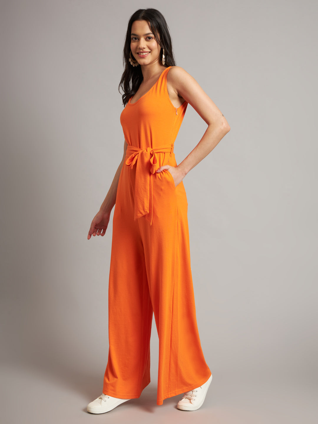 BRINNS Women Cotton Solid Round Neck Sleeveless Jumpsuit With Waist Tie-Ups