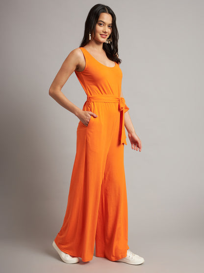 BRINNS Women Cotton Solid Round Neck Sleeveless Jumpsuit With Waist Tie-Ups