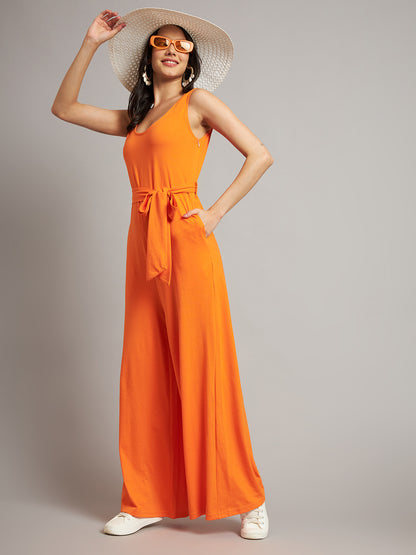 BRINNS Women Cotton Solid Round Neck Sleeveless Jumpsuit With Waist Tie-Ups