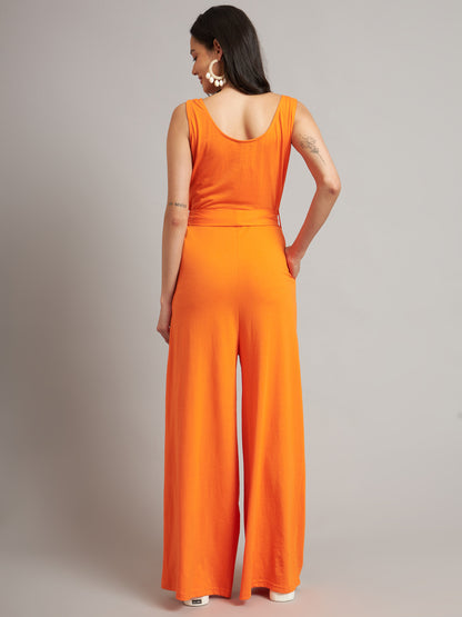 BRINNS Women Cotton Solid Round Neck Sleeveless Jumpsuit With Waist Tie-Ups