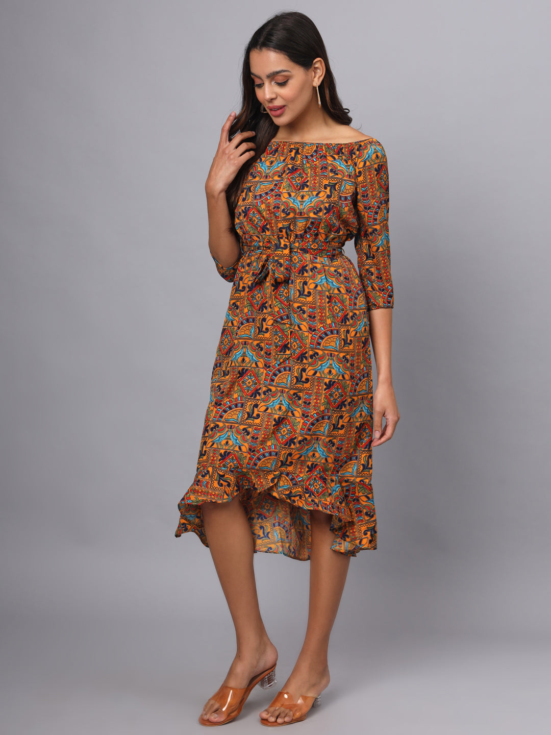 Printed Off-Shoulder A-Line Midi Dress