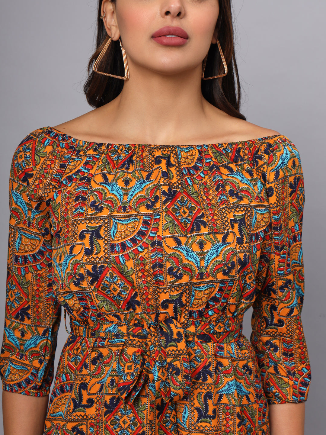 Printed Off-Shoulder A-Line Midi Dress