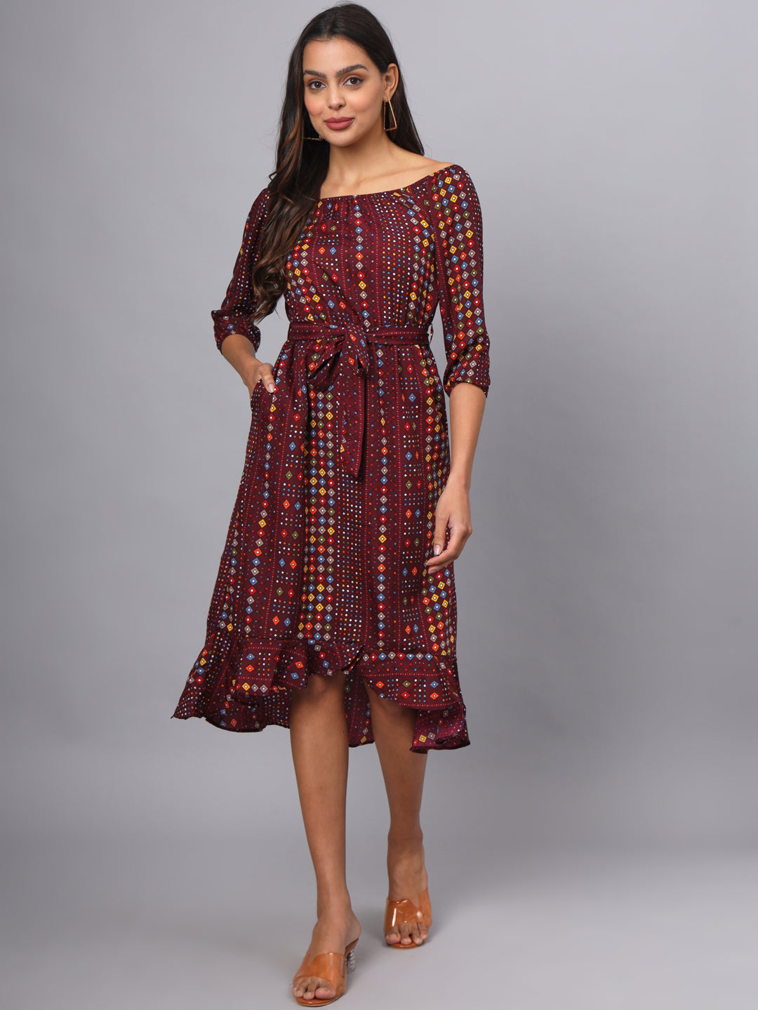 Printed Off-Shoulder A-Line Midi Dress