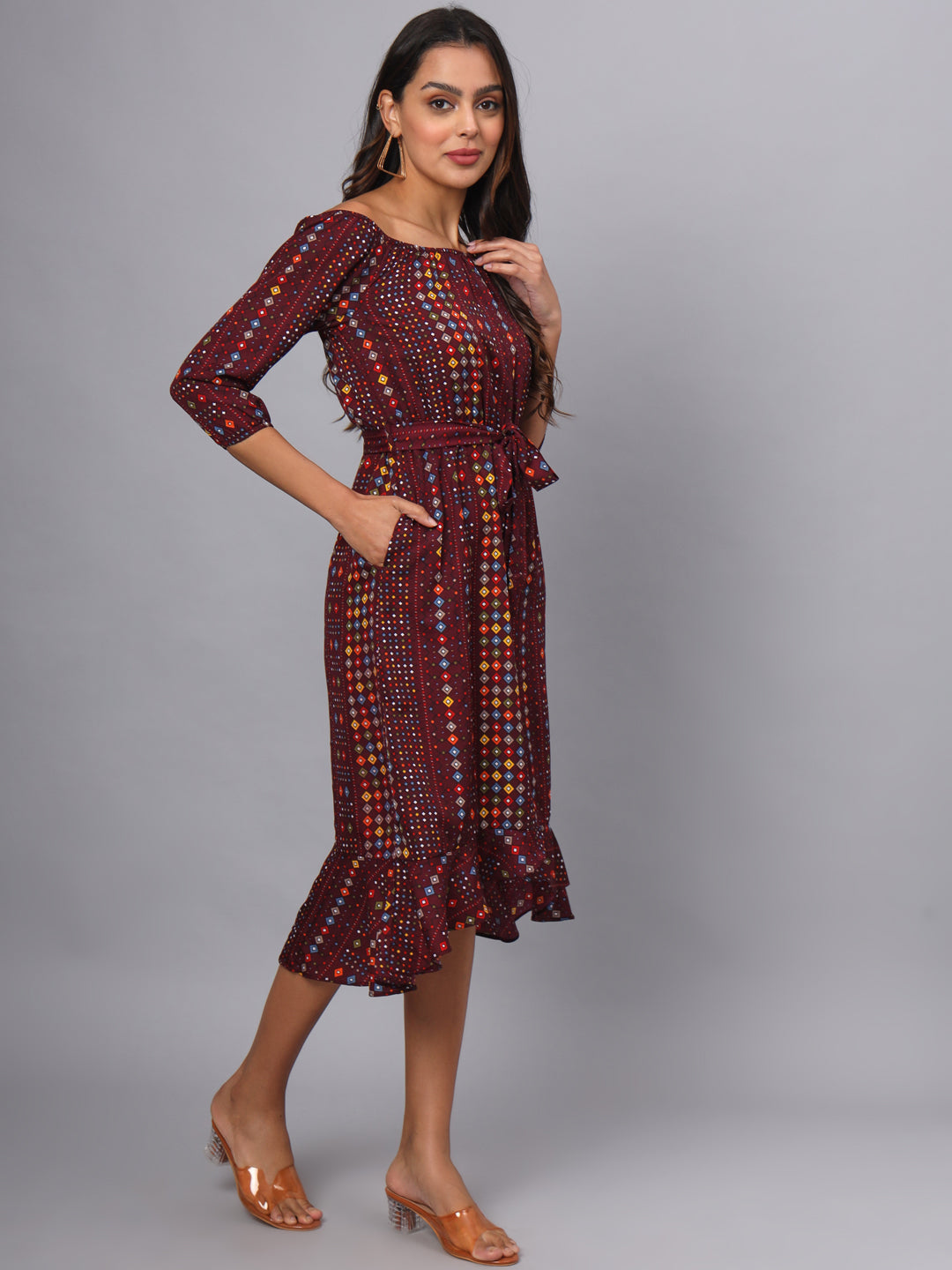 Printed Off-Shoulder A-Line Midi Dress