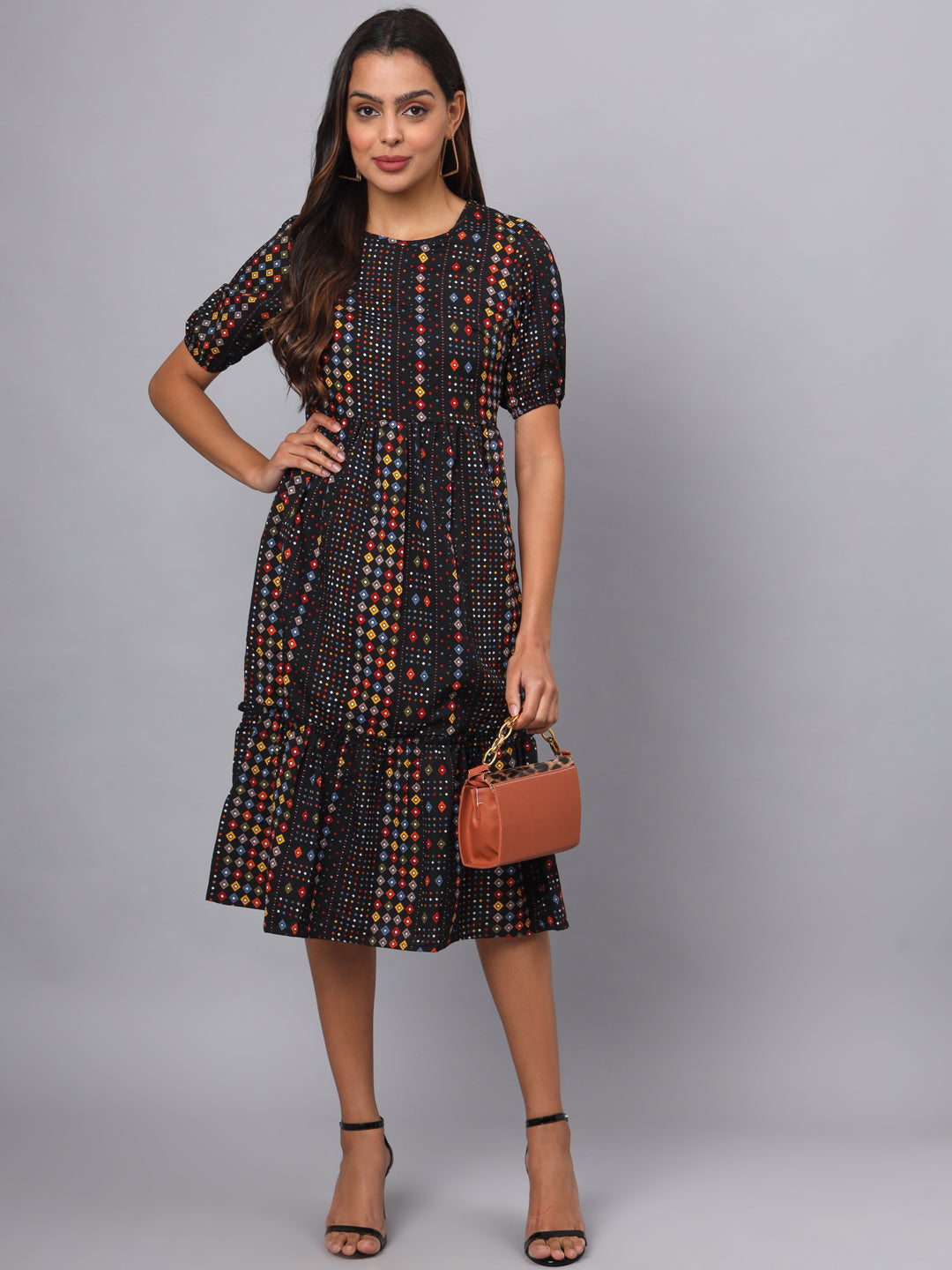 Printed Puff Sleeve Fit & Flare Midi Dress