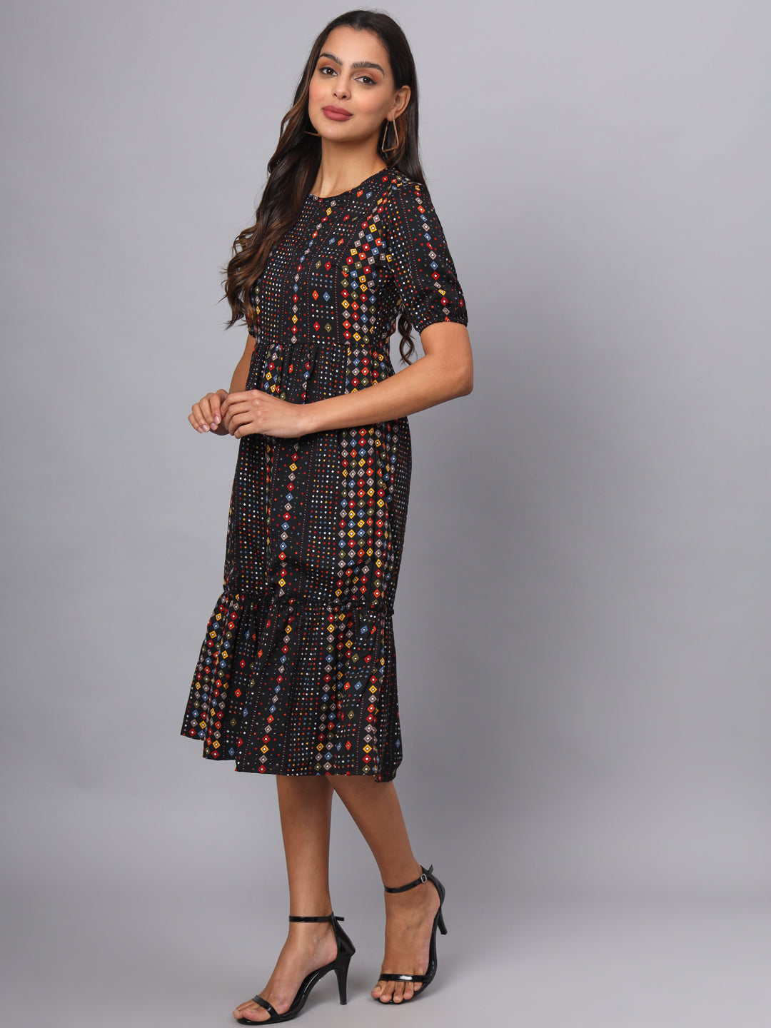 Printed Puff Sleeve Fit & Flare Midi Dress