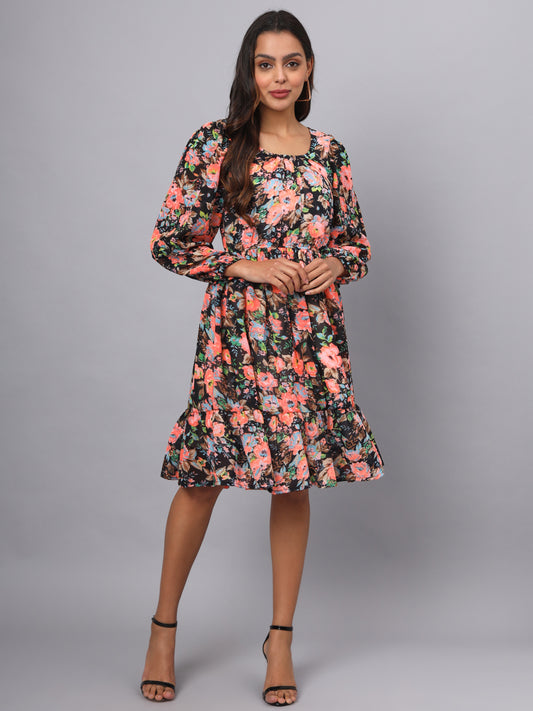 Printed Puff Sleeve Fit & Flare Dress