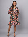 Printed Puff Sleeve Fit & Flare Dress