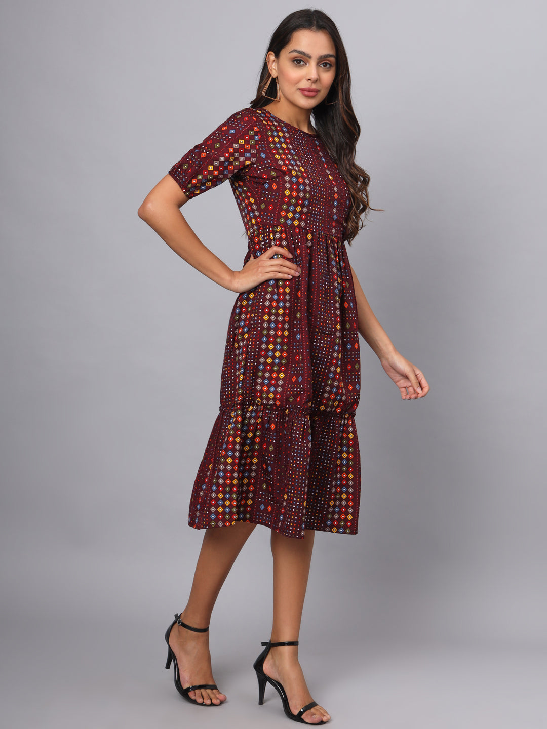 Printed Puff Sleeve Fit & Flare Midi Dress