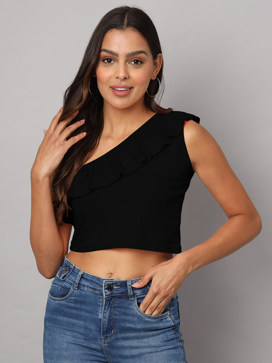 One Shoulder Ruffled Pure Cotton Crop Top