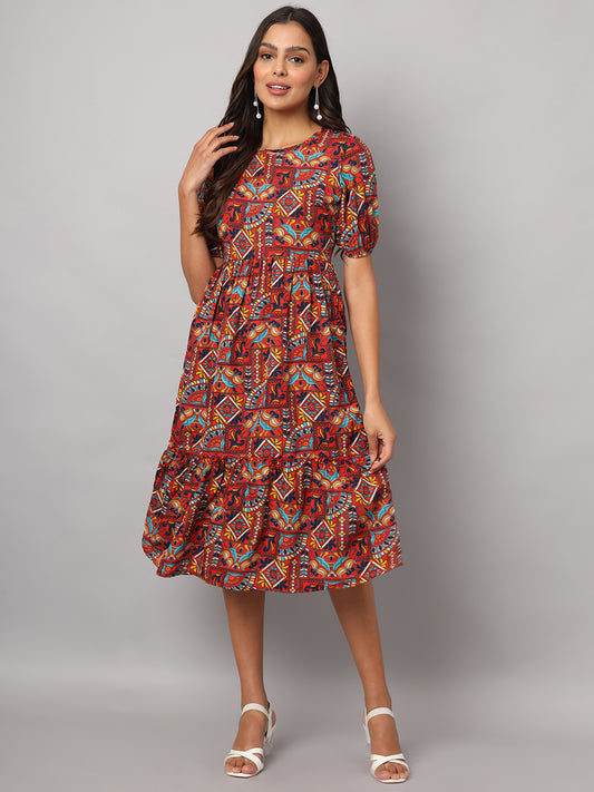 Printed Puff Sleeve Fit & Flare Midi Dress