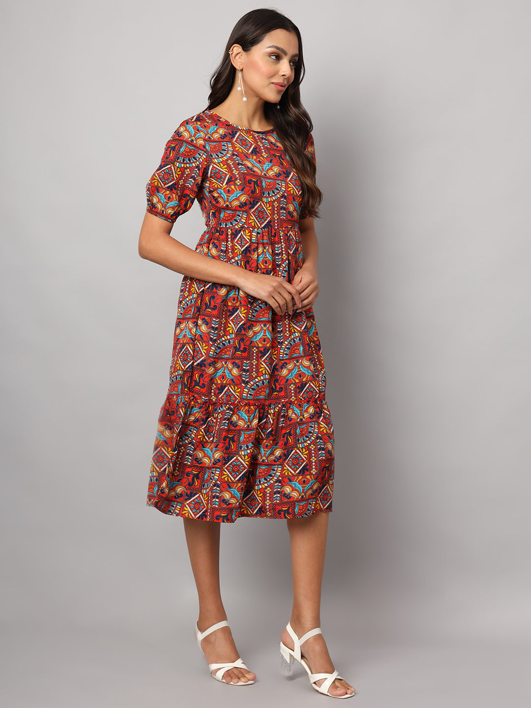 Printed Puff Sleeve Fit & Flare Midi Dress