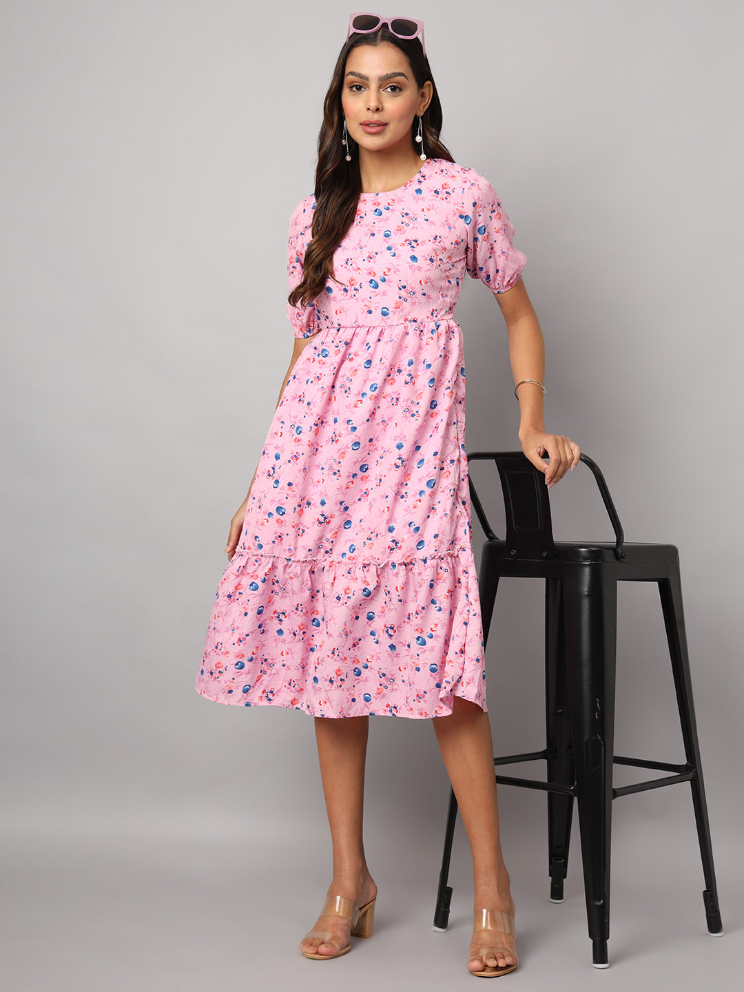 Printed Puff Sleeve Fit & Flare Midi Dress