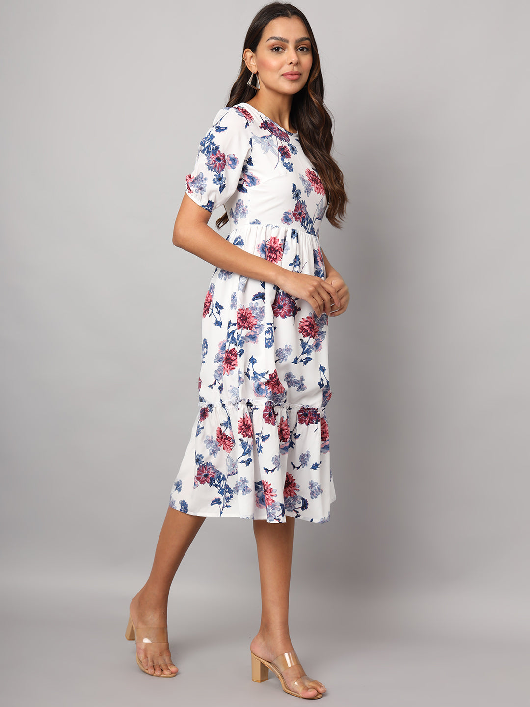 Printed Puff Sleeve Fit & Flare Midi Dress