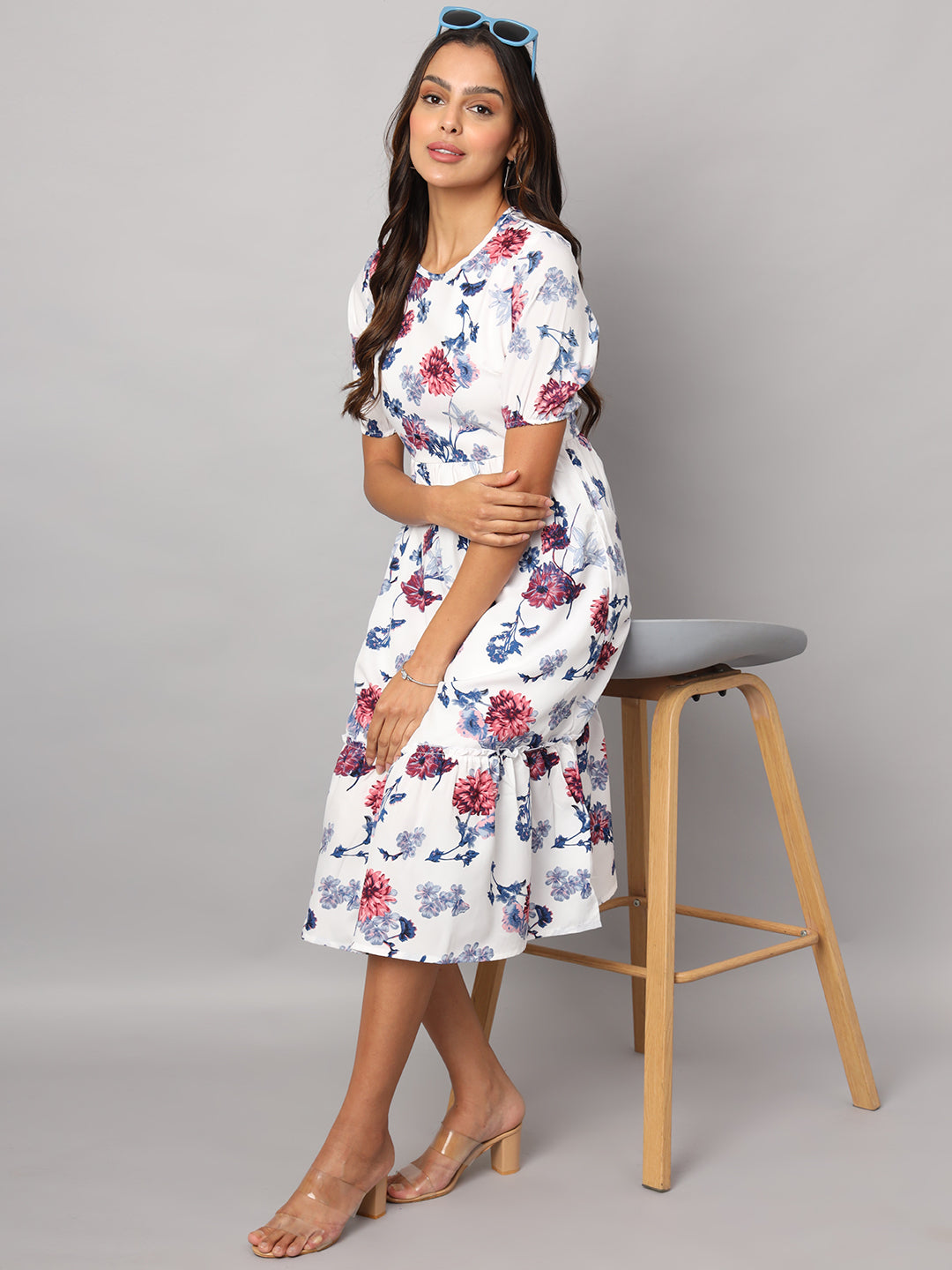 Printed Puff Sleeve Fit & Flare Midi Dress