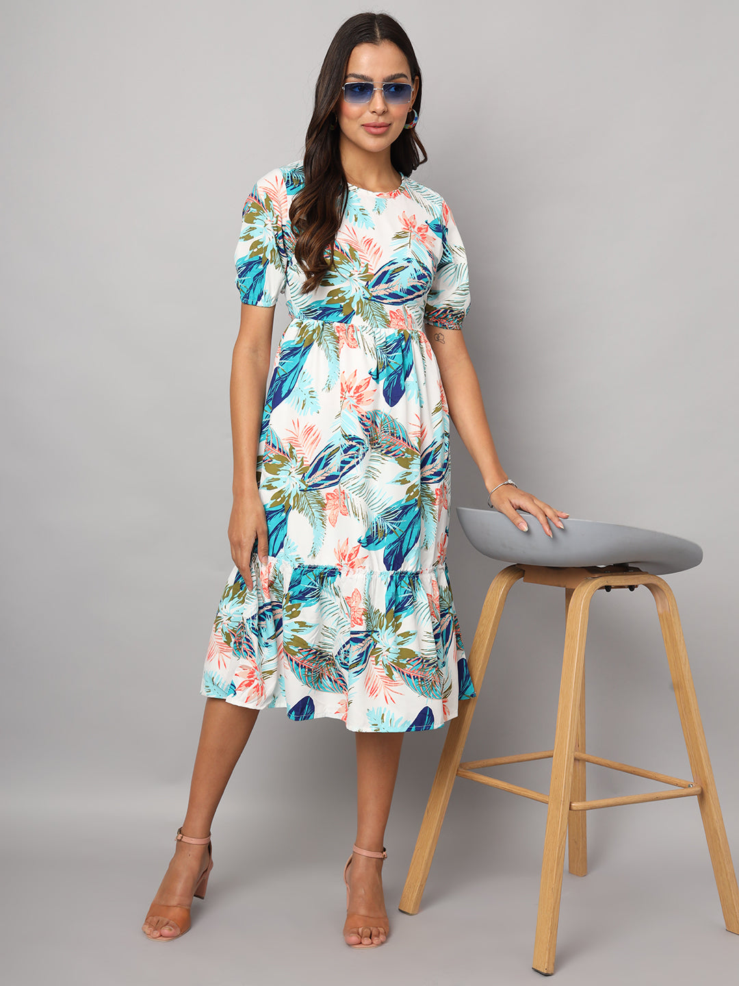 Printed Puff Sleeve Fit & Flare Midi Dress