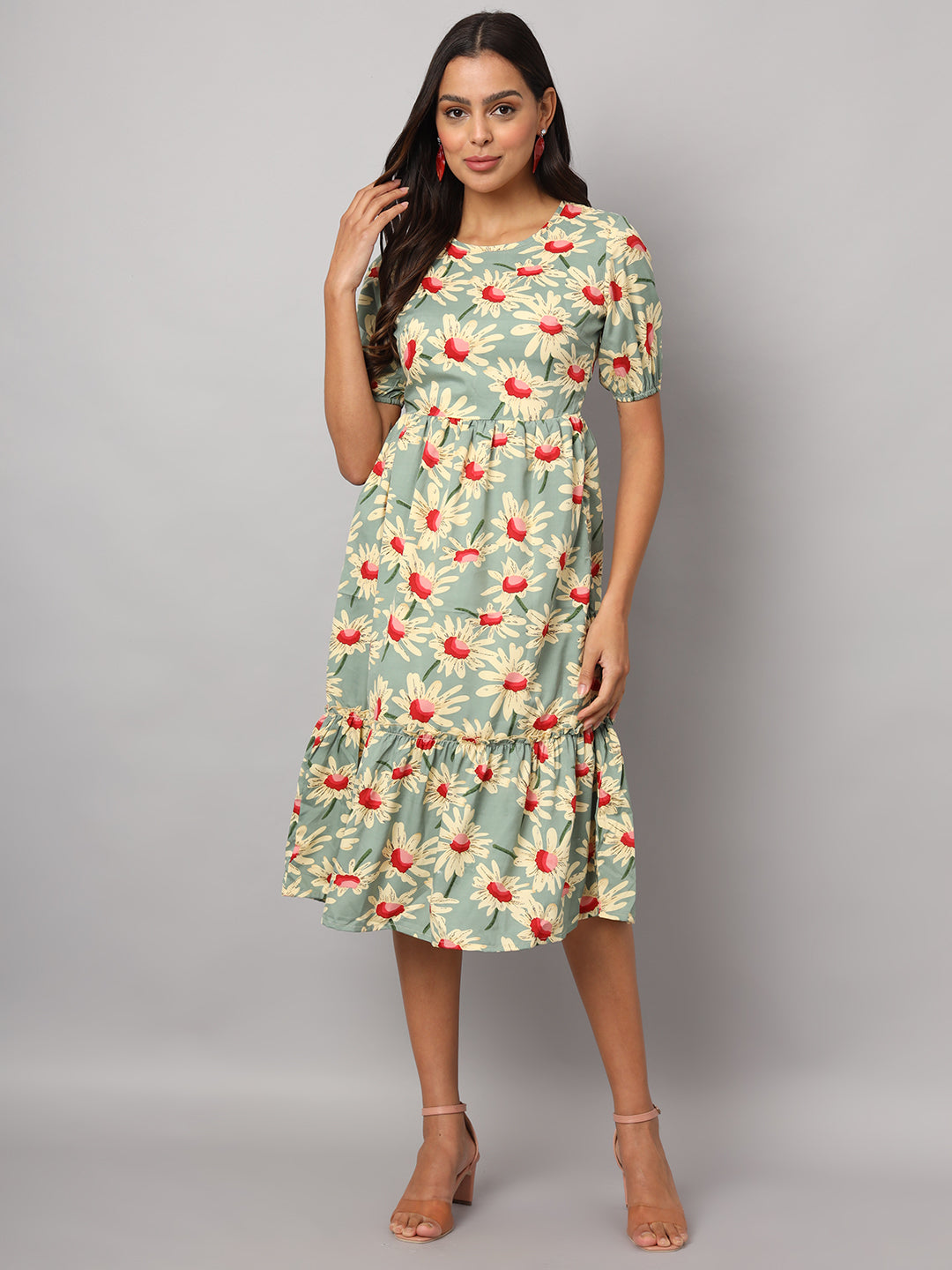 Printed Puff Sleeve Fit & Flare Midi Dress