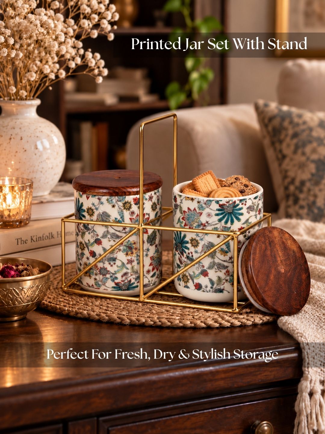 Small Jars with Wooden lid- Set of 2 with Metal Stand