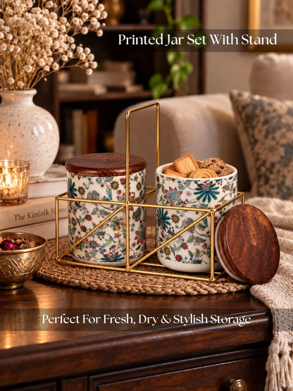 Small Jars with Wooden lid- Set of 2 with Metal Stand