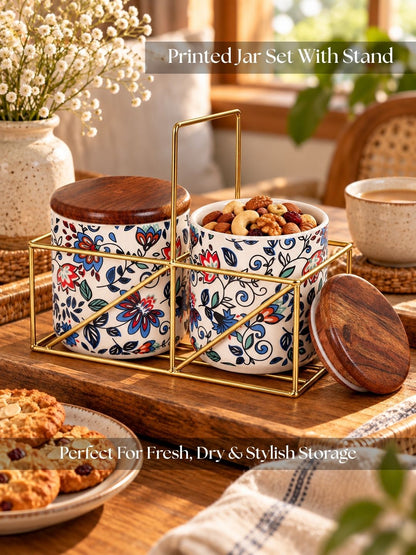 Small Jars with Wooden lid- Set of 2 with Metal Stand