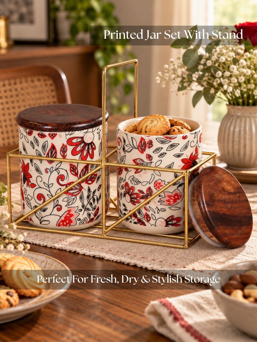 Small Jars with Wooden lid- Set of 2 with Metal Stand