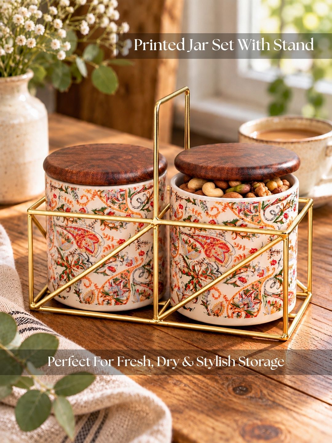 Small Jars with Wooden lid- Set of 2 with Metal Stand