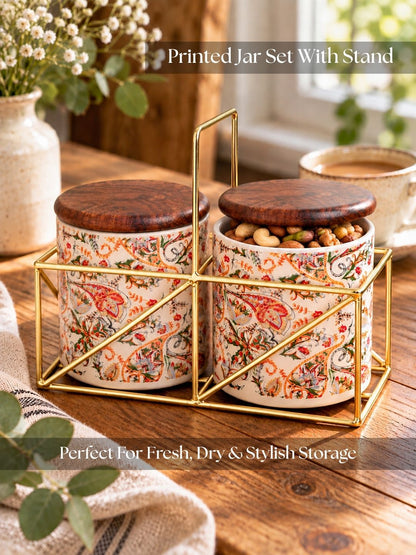 Small Jars with Wooden lid- Set of 2 with Metal Stand
