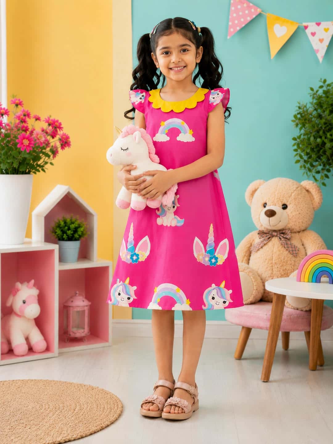 Unicorn and Rainbow Print A-Line Dress