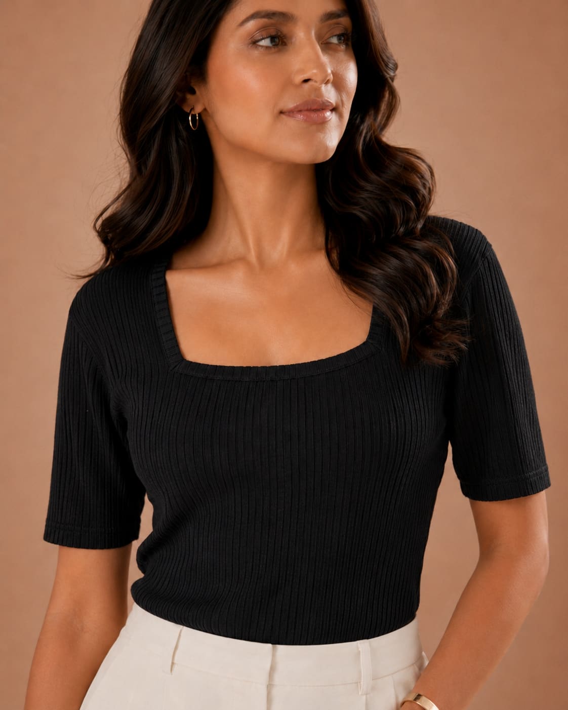 Ribbed Square Neck Fitted Top