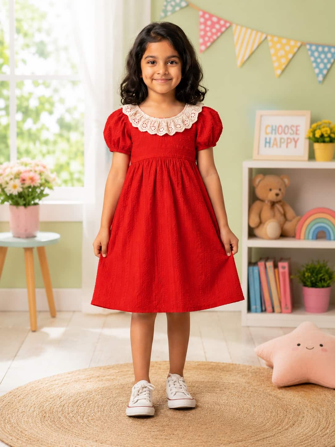 Puff Sleeve A-Line Dress with an Embroidered Lace Collar