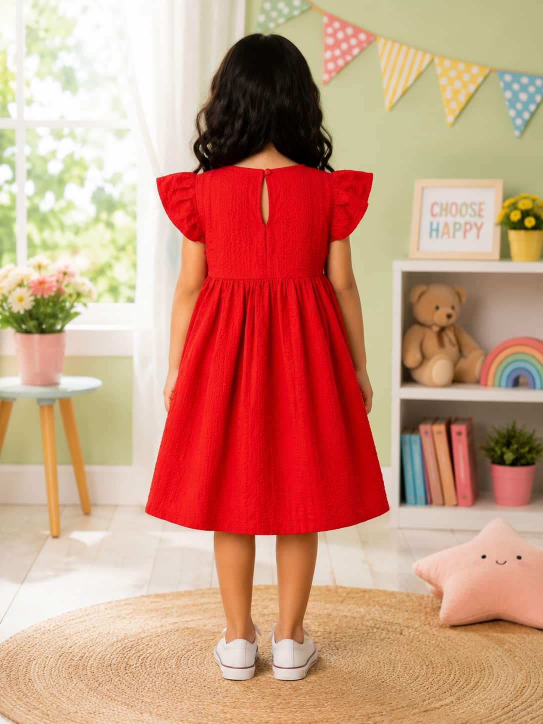 Puff Sleeve A-Line Dress with an Embroidered Lace Collar
