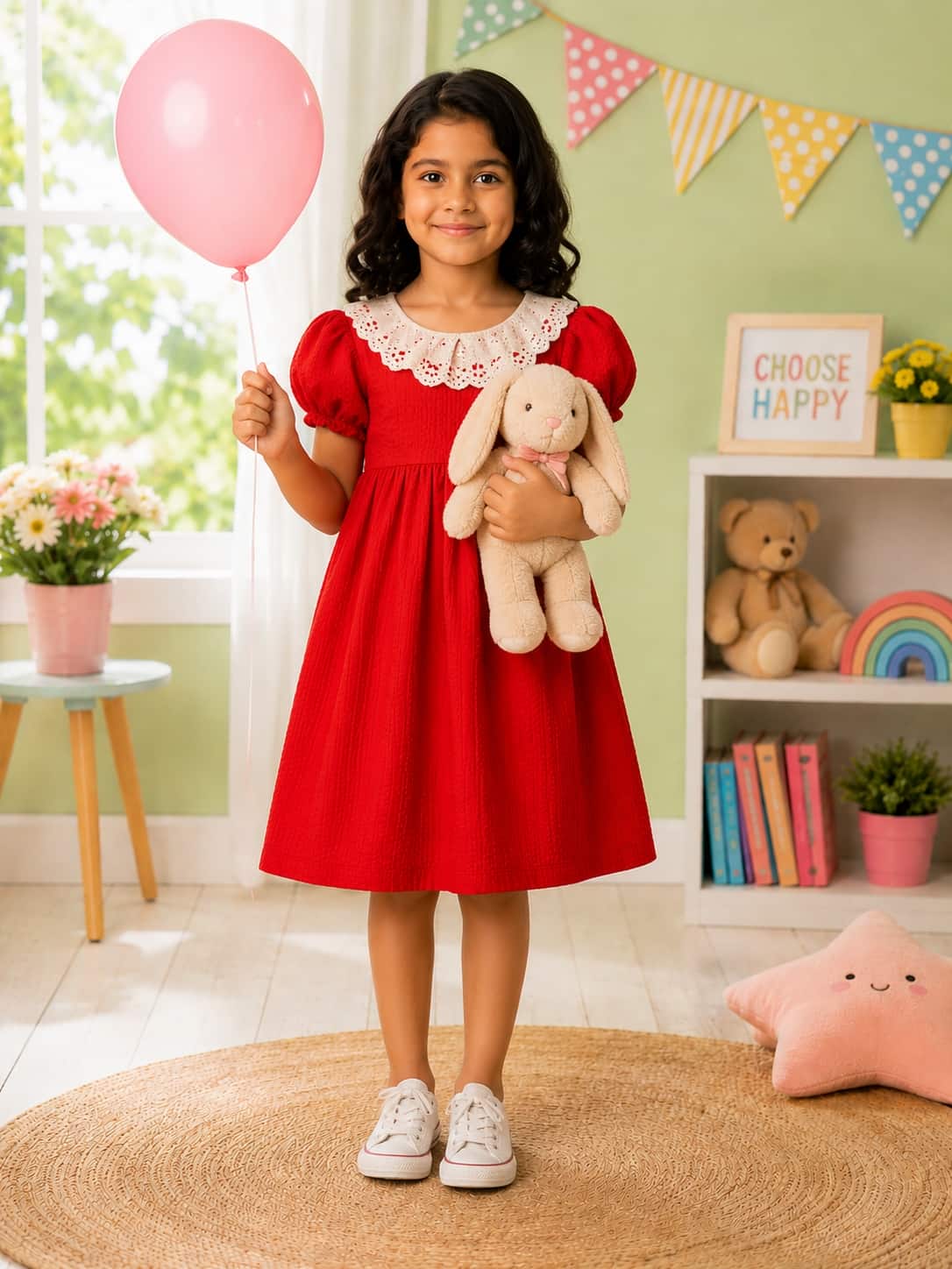 Puff Sleeve A-Line Dress with an Embroidered Lace Collar