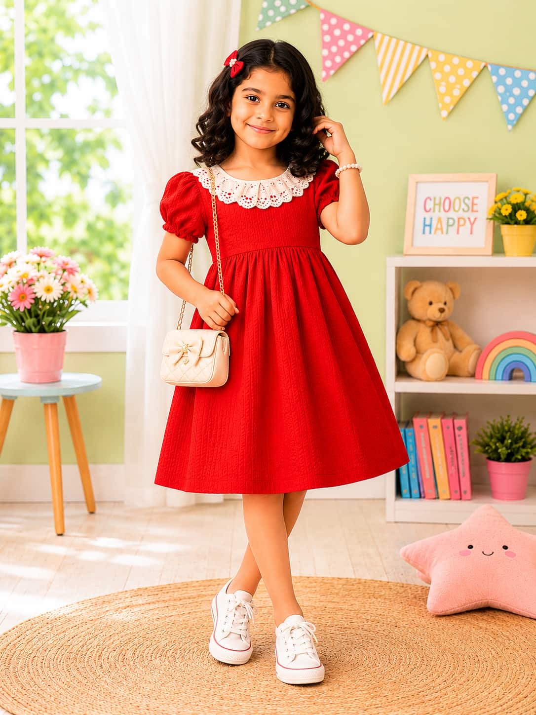 Puff Sleeve A-Line Dress with an Embroidered Lace Collar