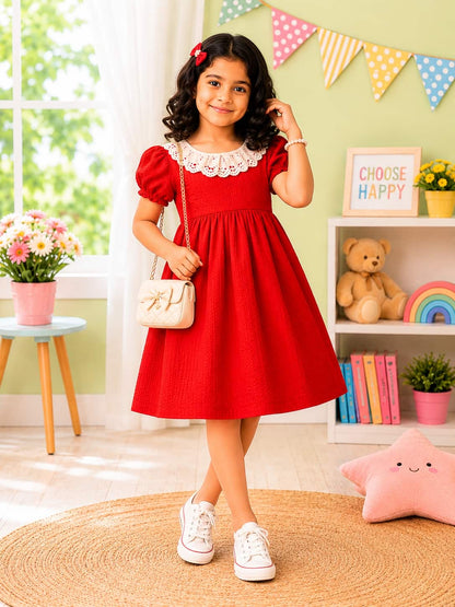 Puff Sleeve A-Line Dress with an Embroidered Lace Collar