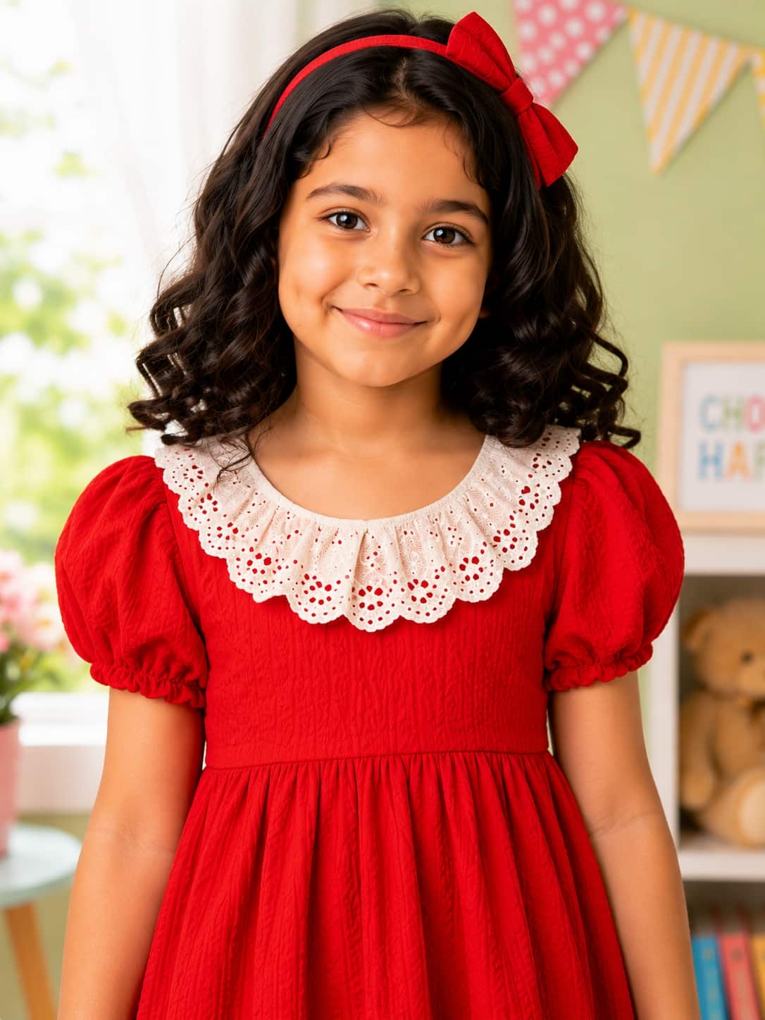 Puff Sleeve A-Line Dress with an Embroidered Lace Collar
