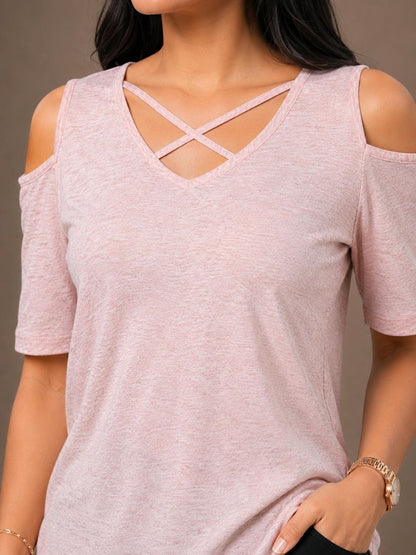 Women Cotton Solid Cold-Shoulder Sleeves Top