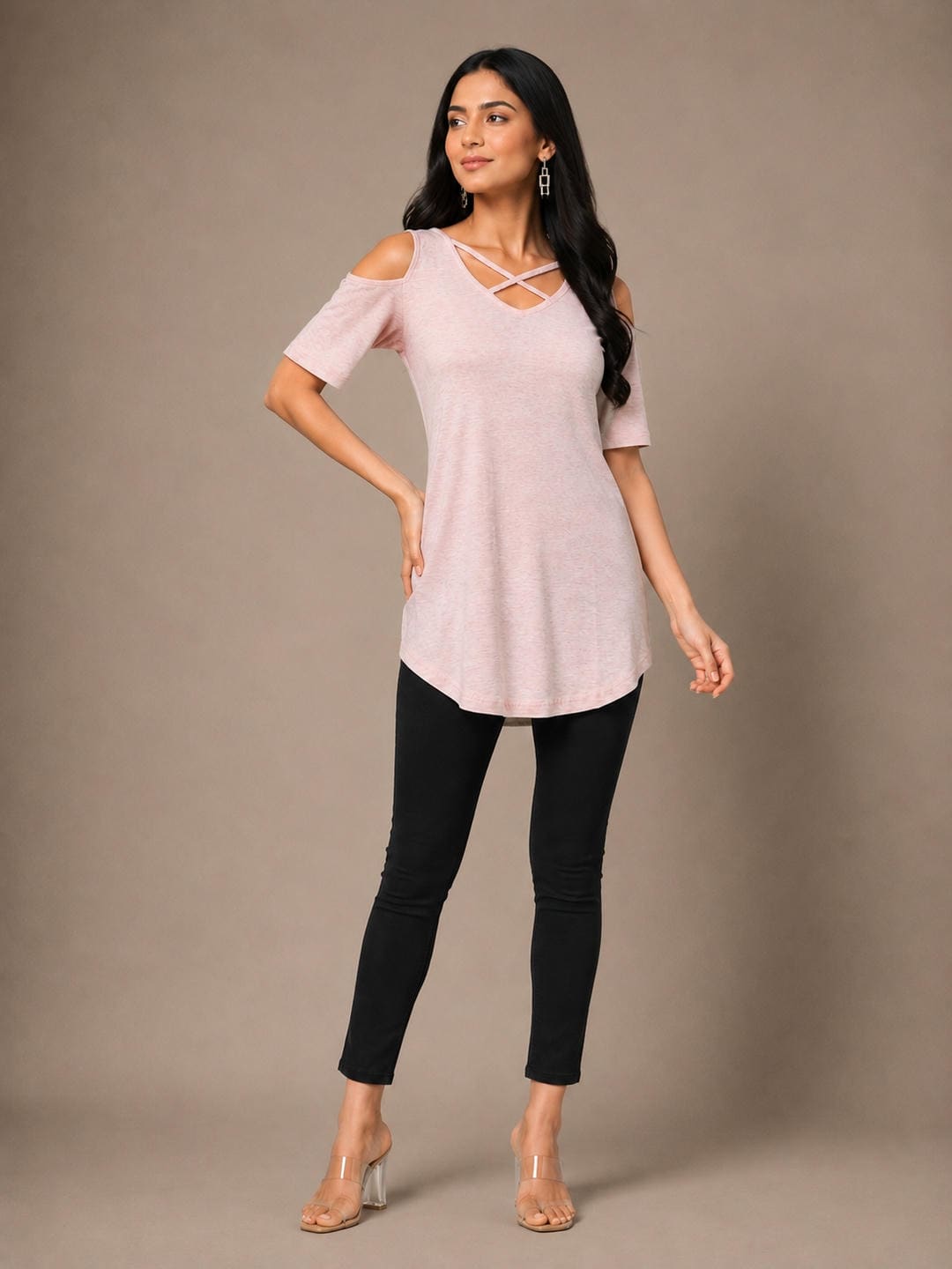 Women Cotton Solid Cold-Shoulder Sleeves Top