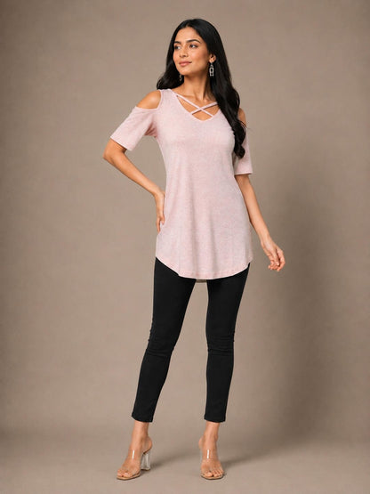 Women Cotton Solid Cold-Shoulder Sleeves Top