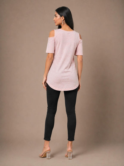 Women Cotton Solid Cold-Shoulder Sleeves Top