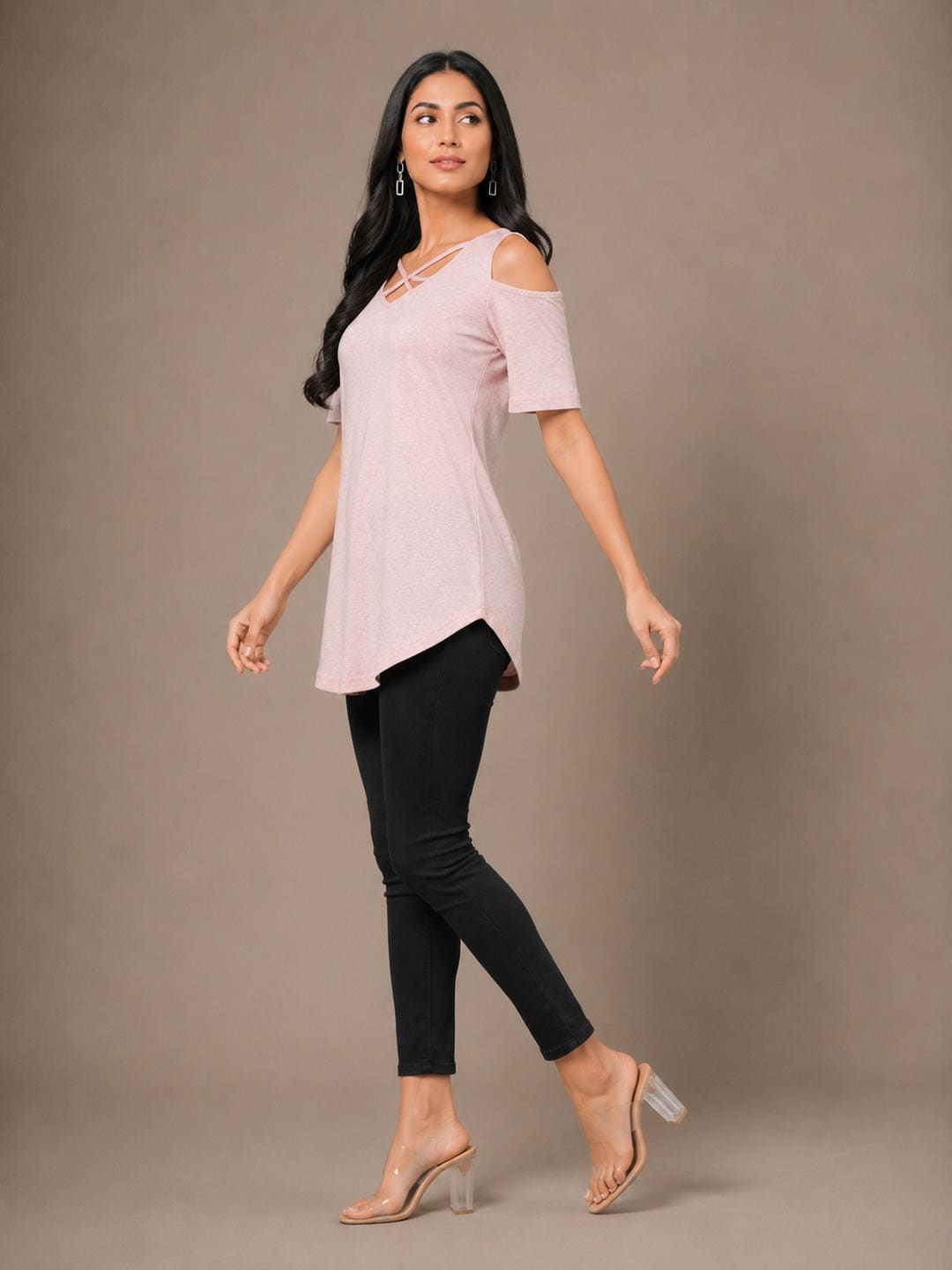 Women Cotton Solid Cold-Shoulder Sleeves Top