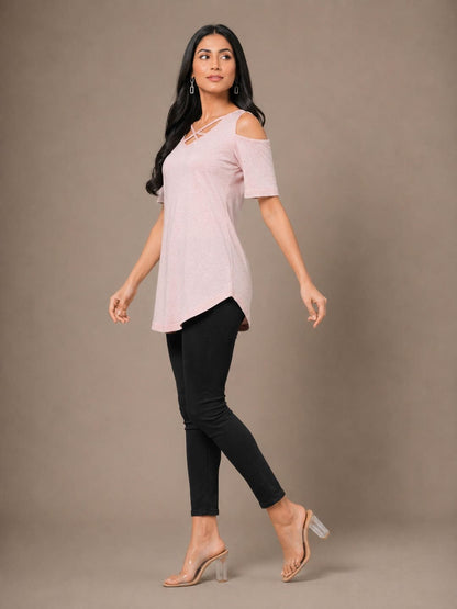 Women Cotton Solid Cold-Shoulder Sleeves Top