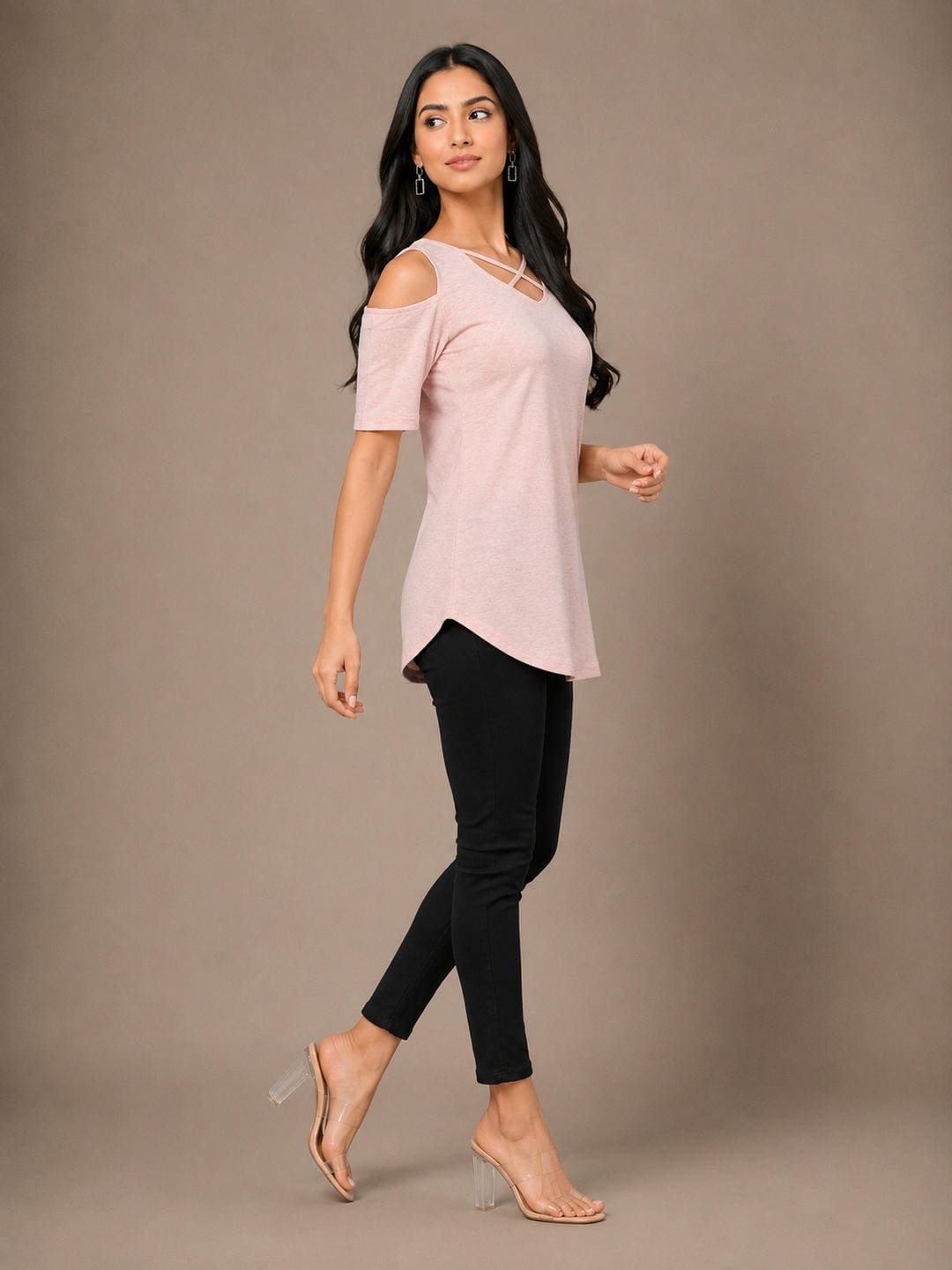 Women Cotton Solid Cold-Shoulder Sleeves Top