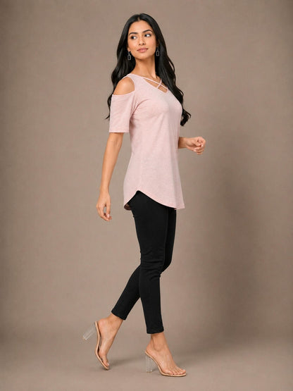 Women Cotton Solid Cold-Shoulder Sleeves Top