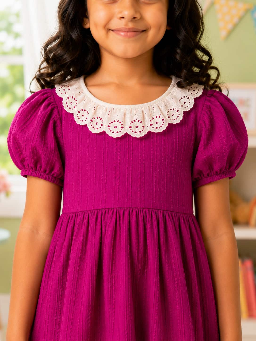 Puff Sleeve A-Line Dress with an Embroidered Lace Collar